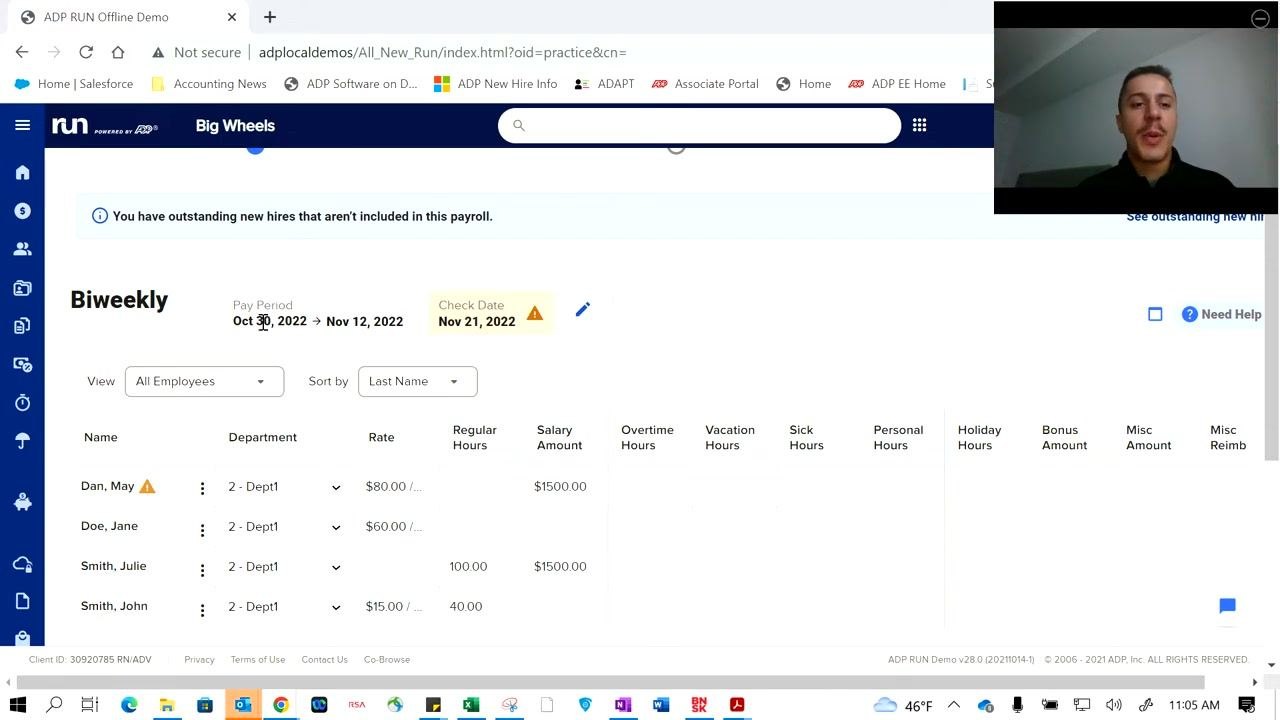 Editing employee pay details, including manually entering regular hours for each employee.