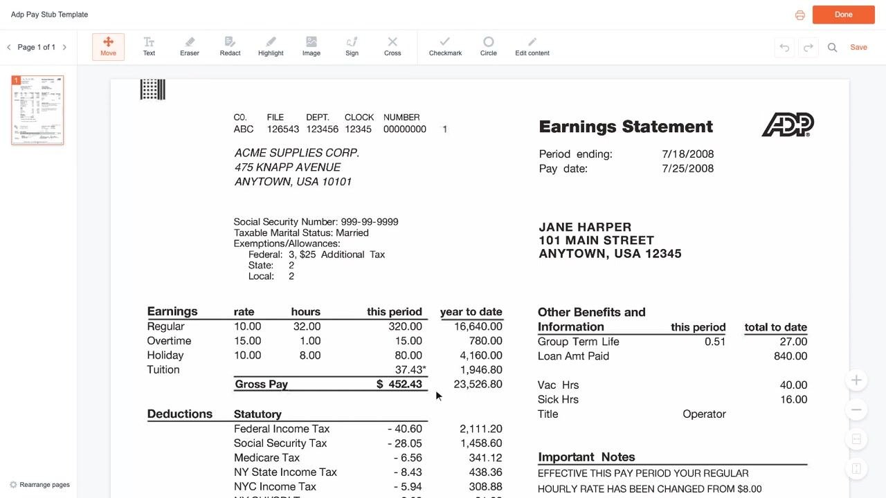 ADP pay stub showing employer, employee, earnings, and deduction sections with gross pay, rates, hours, and year-to-date totals clearly visible.