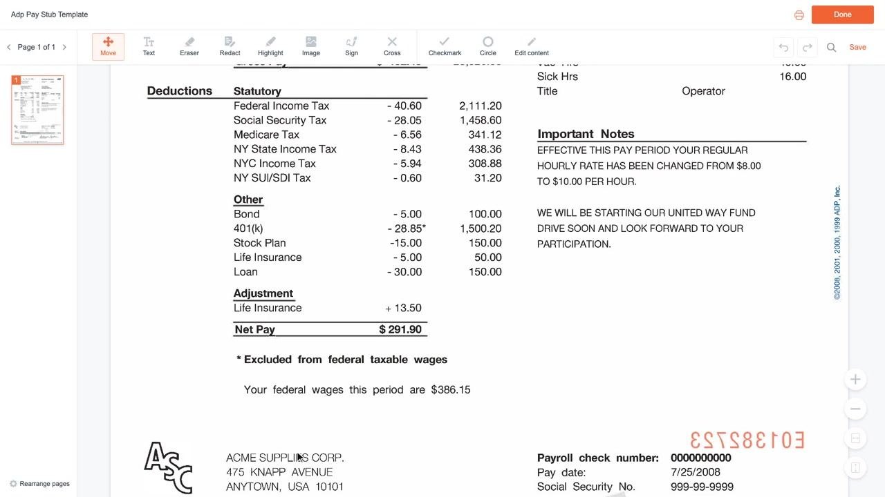 Pay stub showing the Important Notes box with an announcement about a pay rate increase.