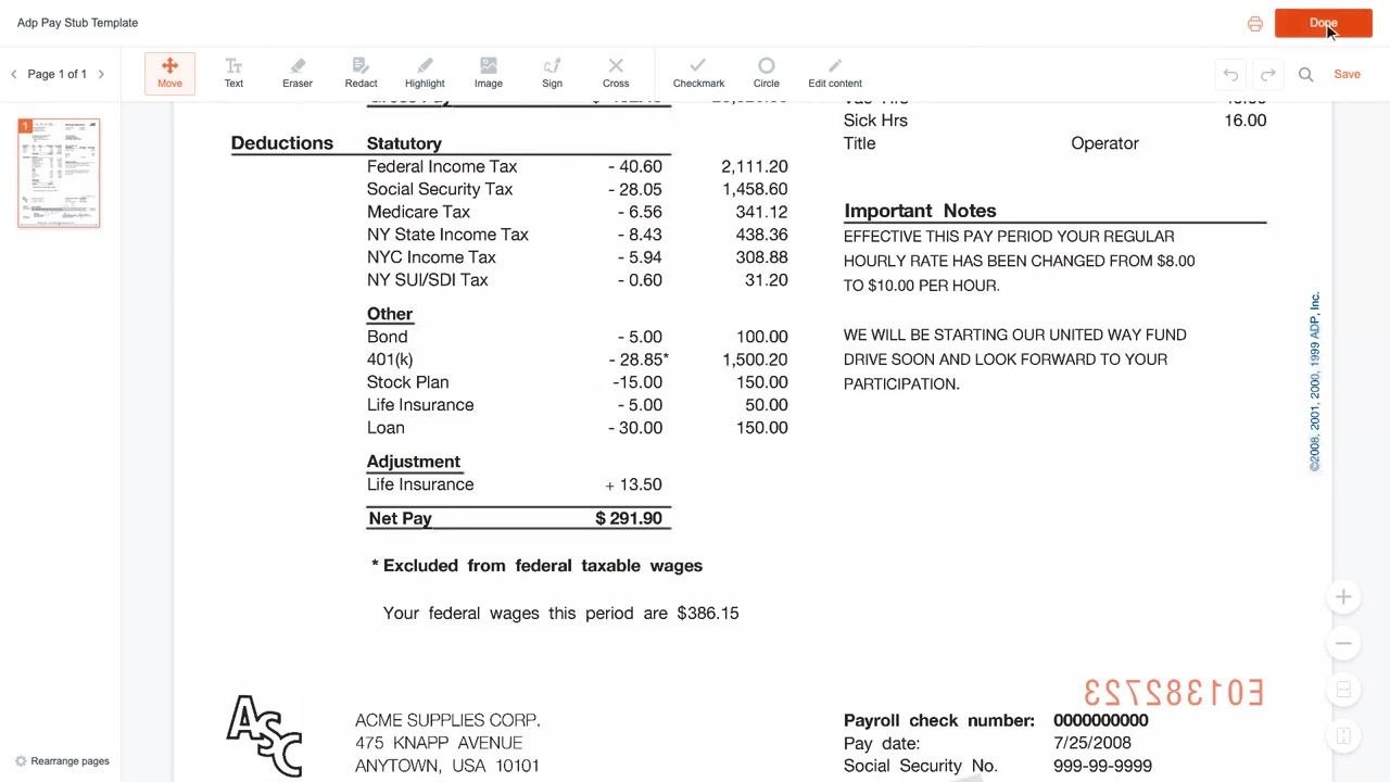 Bottom section of pay stub showing the payroll check number, pay date, and employer address.