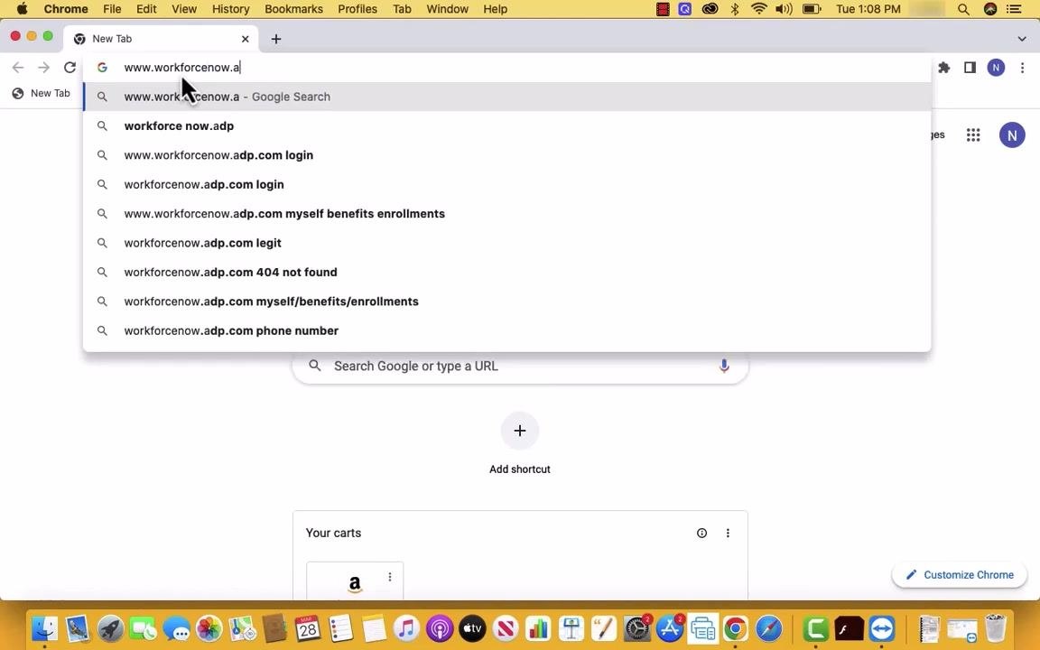 A Chrome browser window with the URL "www.workforcenow.adp.com" being entered in the address bar. Autocomplete suggestions appear below the address bar, and the desktop shows a macOS environment with application icons in the dock.