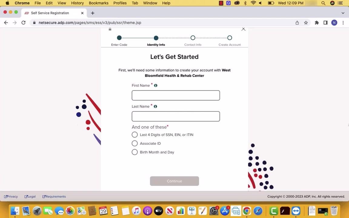 The "Let's Get Started" form on ADP's registration page, showing fields for First Name and Last Name, along with identity verification options for the last 4 digits of SSN/EIN/ITIN, Associate ID, or Birth Month and Day.