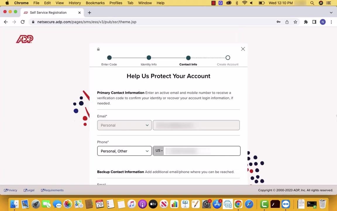 The "Help Us Protect Your Account" screen showing fields for primary email and phone information with type-selection dropdowns, along with optional backup contact fields.