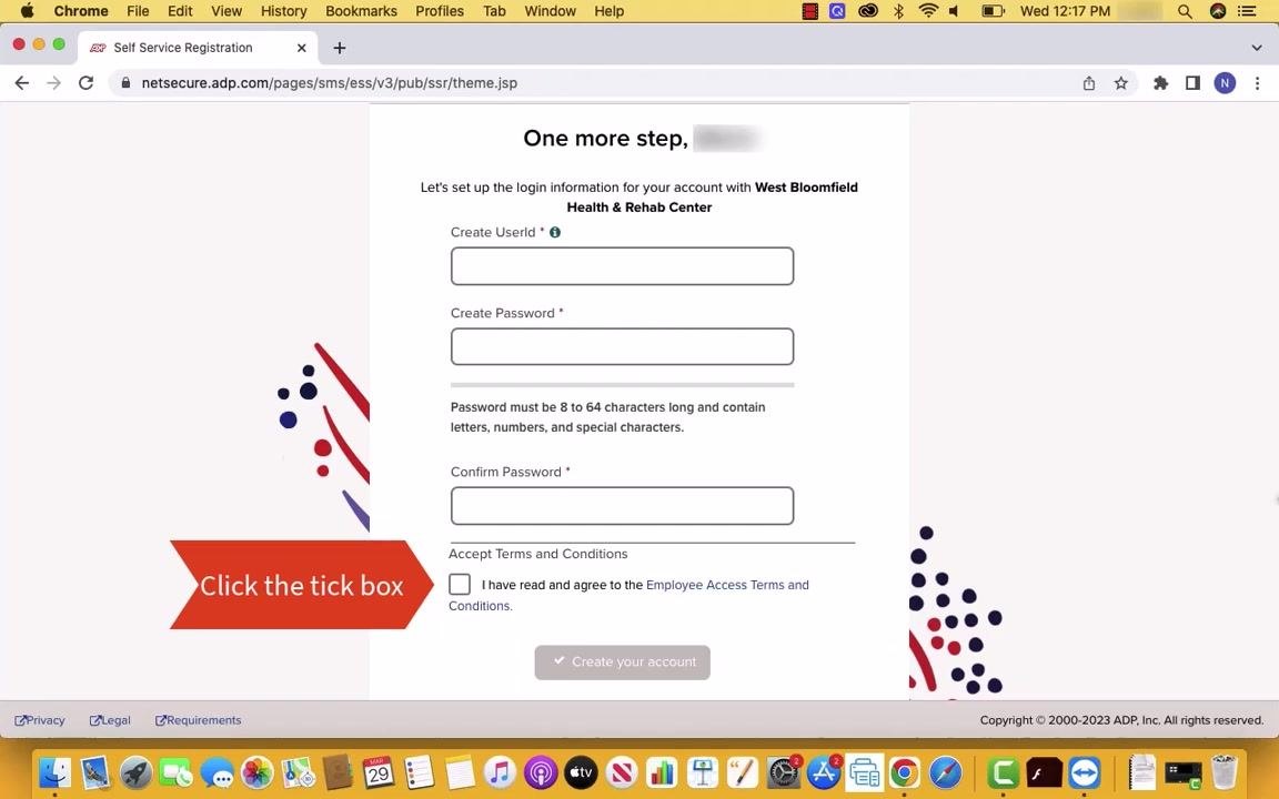 The "One more step" screen for setting up login information, showing fields for User ID, Password, Confirm Password, and a checkbox for accepting terms and conditions, with a red arrow pointing to the checkbox.