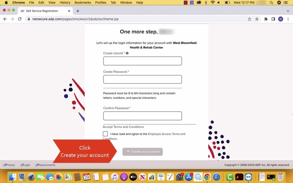 The "One more step" registration screen on ADP, showing User ID, password, and confirm password fields along with the terms and conditions checkbox, and a red arrow pointing to the "Create your account" button.