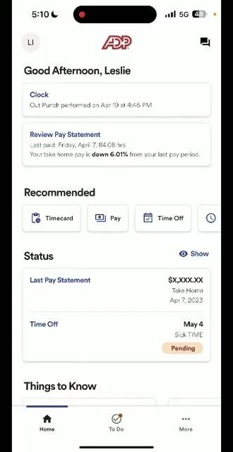 ADP home screen showing user greeting, clock, pay statement, recommended actions, and status section