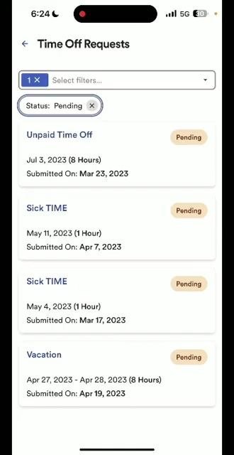 Time Off Requests screen showing multiple pending requests, including a vacation request