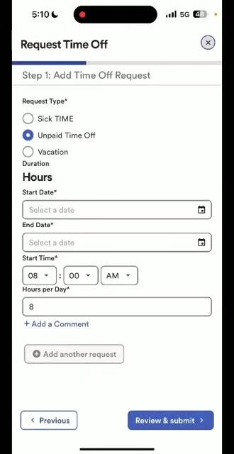 Request Time Off screen with options for Sick Time, Unpaid Time Off, and Vacation