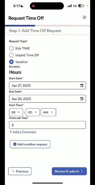 Request Time Off form with Vacation selected, showing date and hour fields
