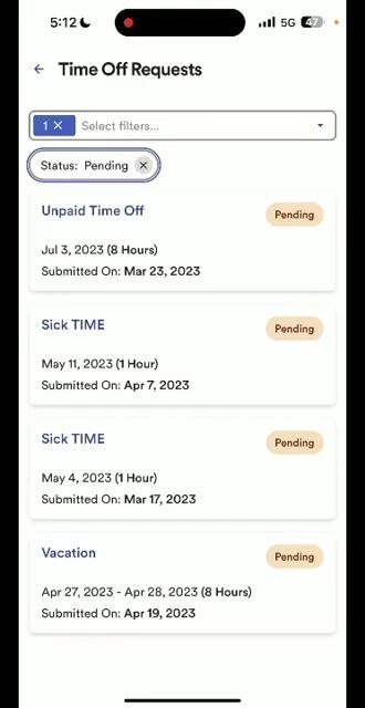 Review & submit screen showing the vacation request summary and the Submit request button