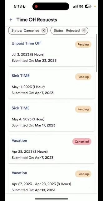 Time Off Requests screen with filters for Pending, Cancelled, and Rejected requests