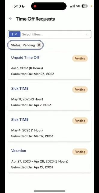 ADP home screen showing the status of a recent time off request as Pending