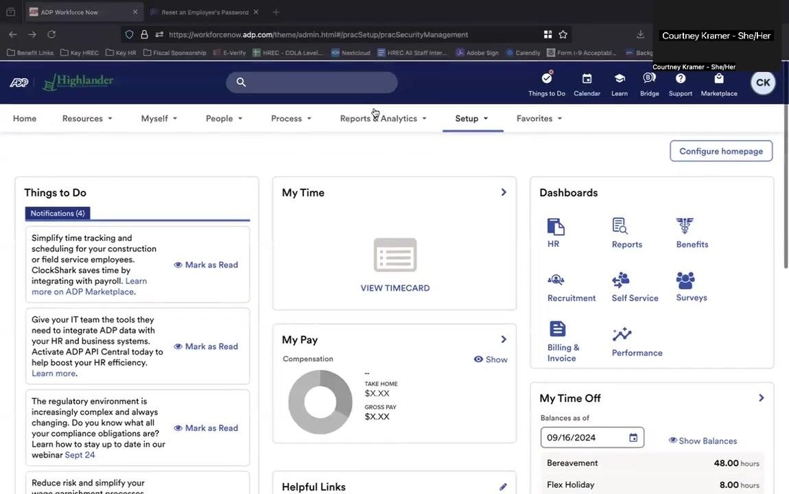 ADP Workforce Now dashboard with the Setup tab highlighted in the top navigation bar