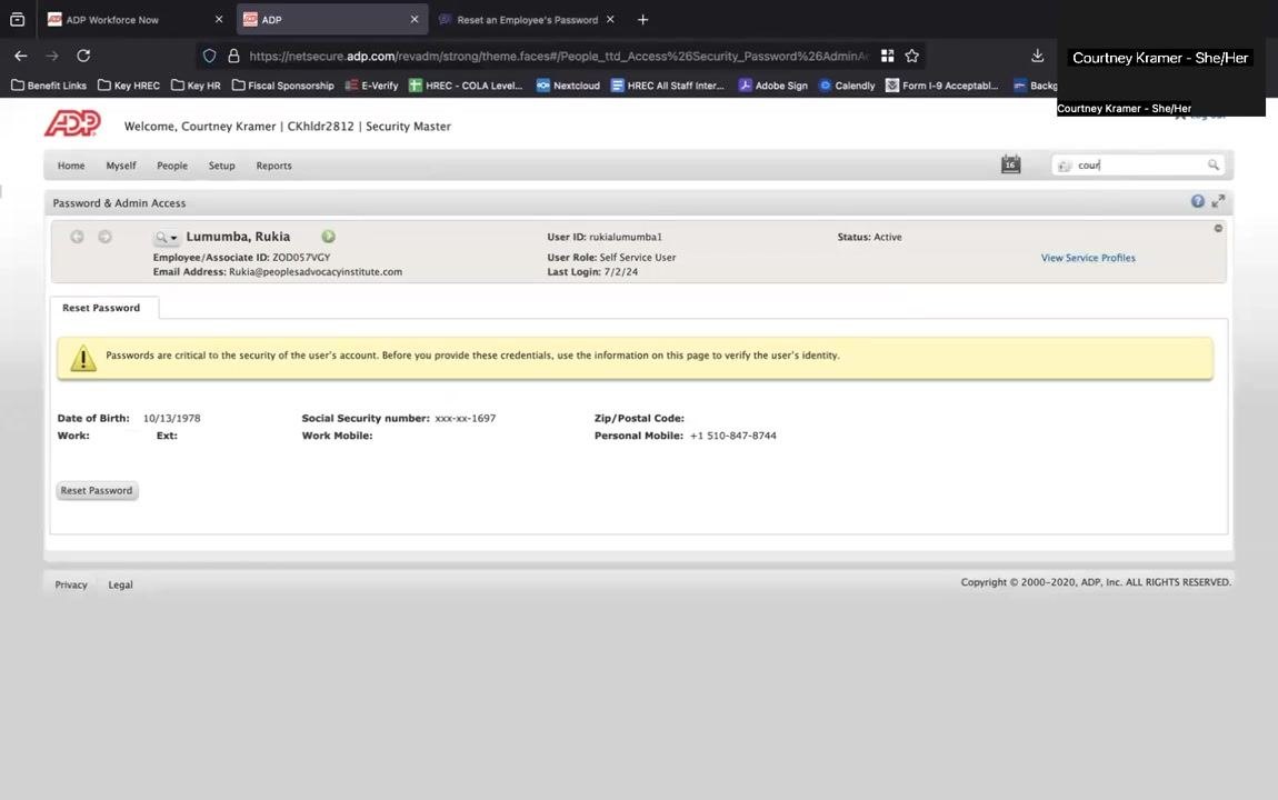 Password & Admin Access screen displaying employee details and the search bar