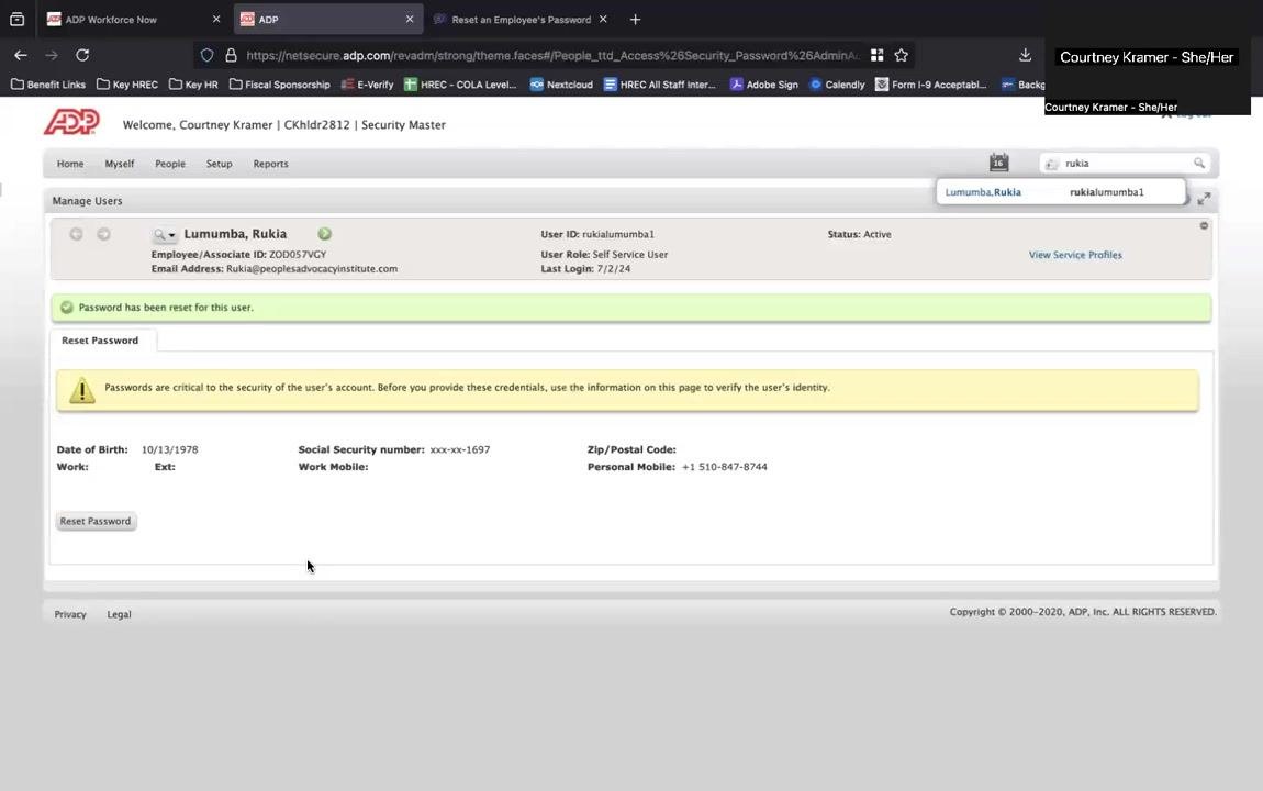 ADP Workforce Now screen showing the green confirmation message "Password has been reset for this user" along with employee details and the security reminder