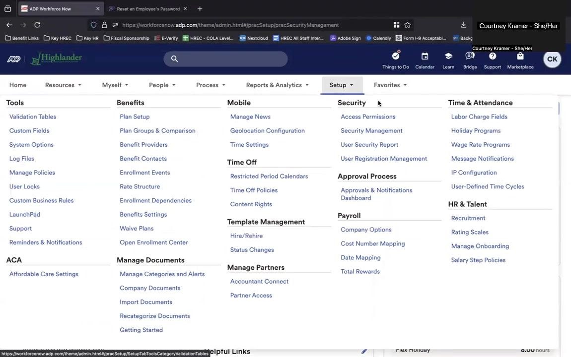 Security Management window with the People menu hovered, showing the Password & Admin Access option