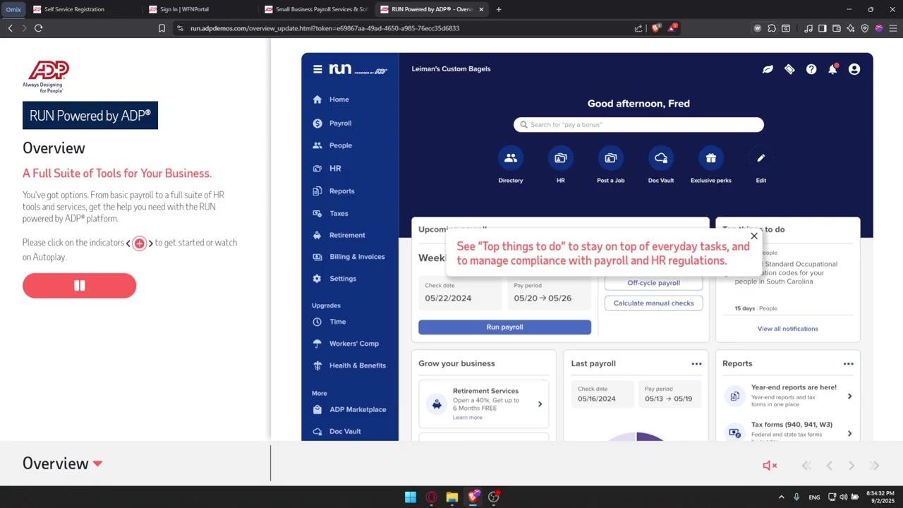 Dashboard highlighting the 'Top things to do' and reports sections, with the message: 'See "Top things to do" to stay on top of everyday tasks, and to manage compliance with payroll and HR regulations.'