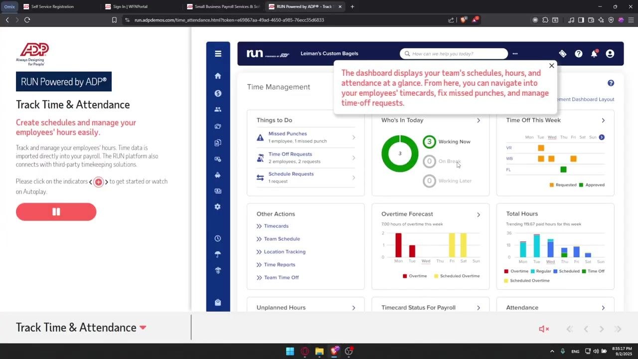 Mobile clock interface for employees, showing options to End Work, Start Meal, and Change Work, along with a log of recent punches.