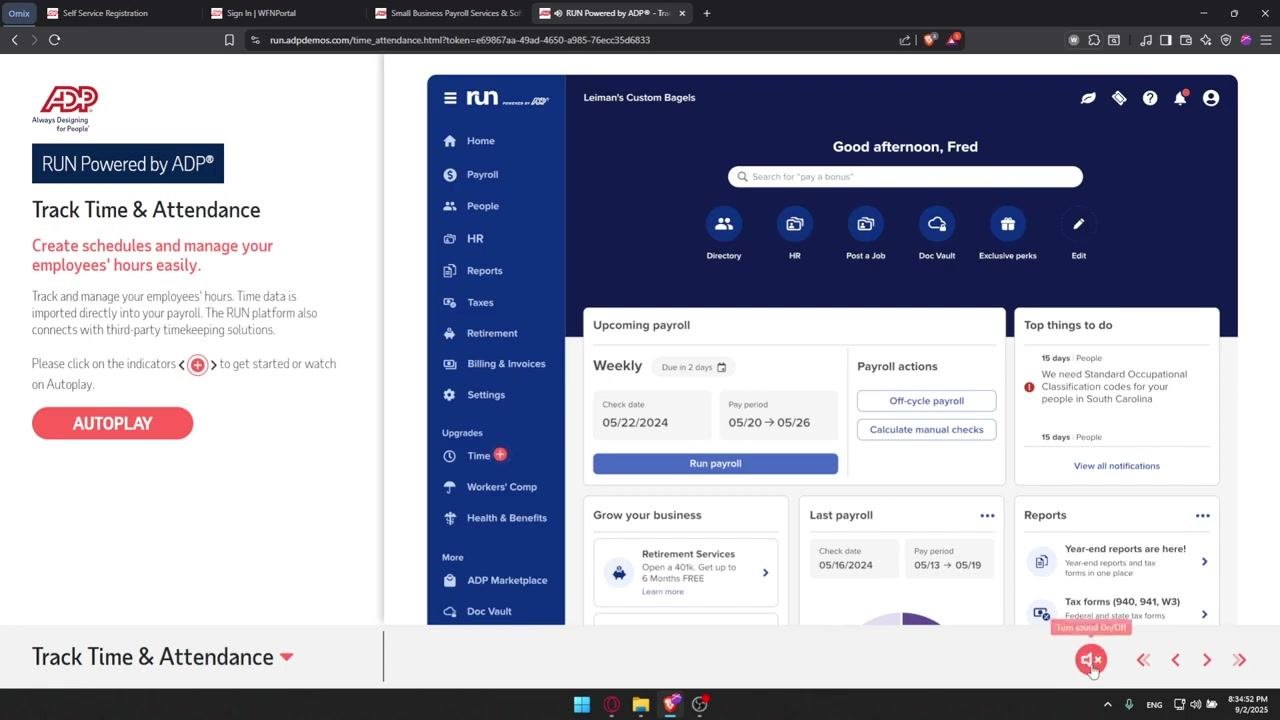 Time Management dashboard with widgets for missed punches, time off requests, schedule requests, overtime forecast, total hours, and current working status.