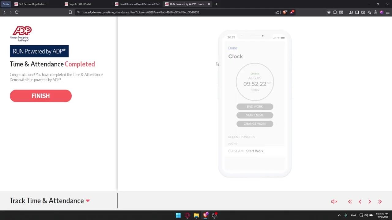 ADP RUN Time & Attendance demo completion screen with the FINISH button, a congratulatory message, and a simulated mobile clock-in/out interface showing time, date, and punch options.