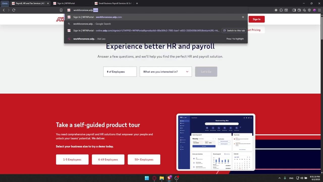 Browser address bar showing 'workforcenow.adp.com' being typed, with the ADP homepage visible in the background.