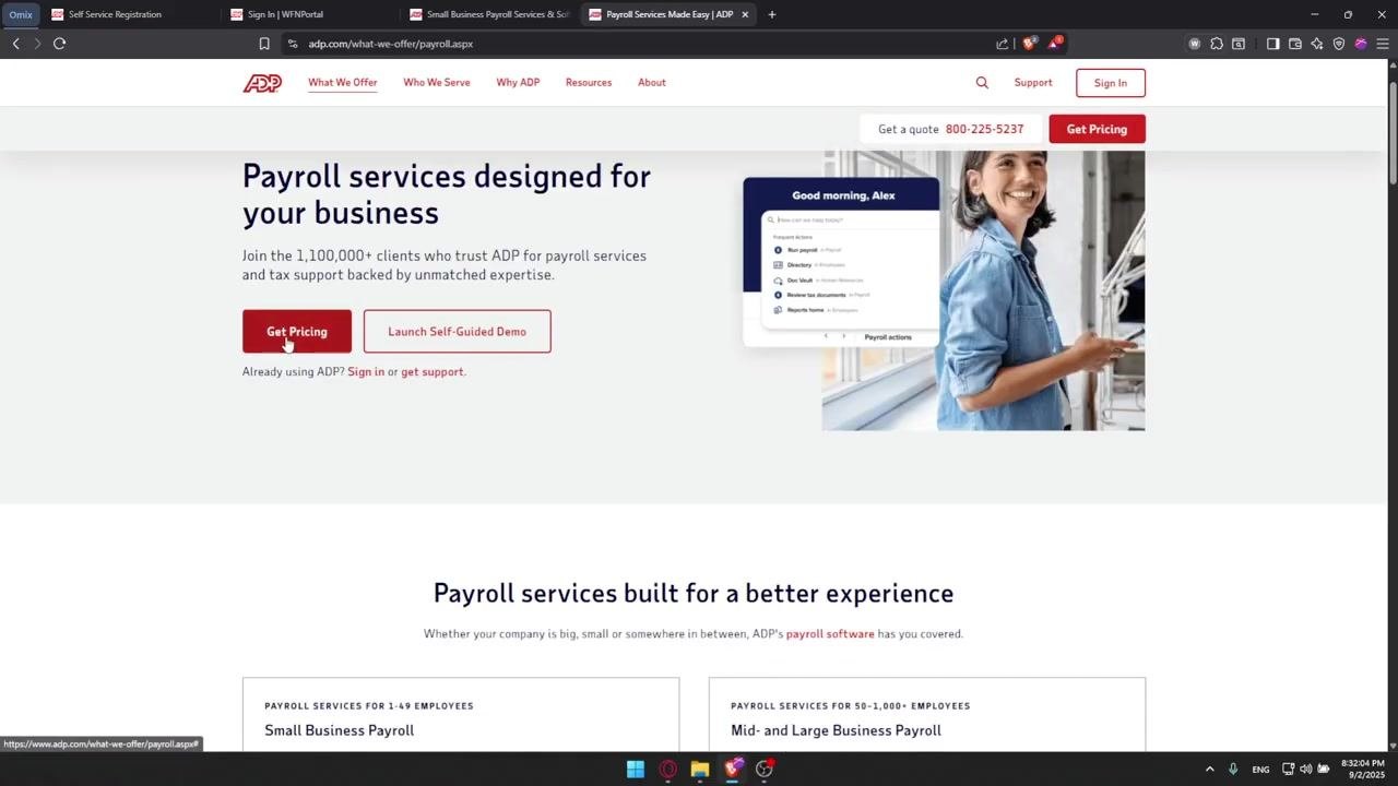 ADP 'Create Your Account' page with two options: 'Find me' and 'I have a registration code', with decorative red and blue graphics at the bottom.