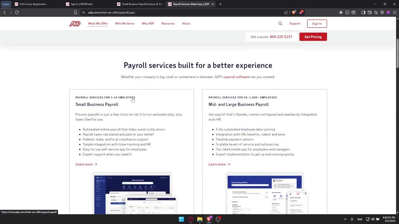 ADP pricing pop-up with example details filled in — Full Name, Phone Number, and Country — and the 'Get Pricing' button highlighted.