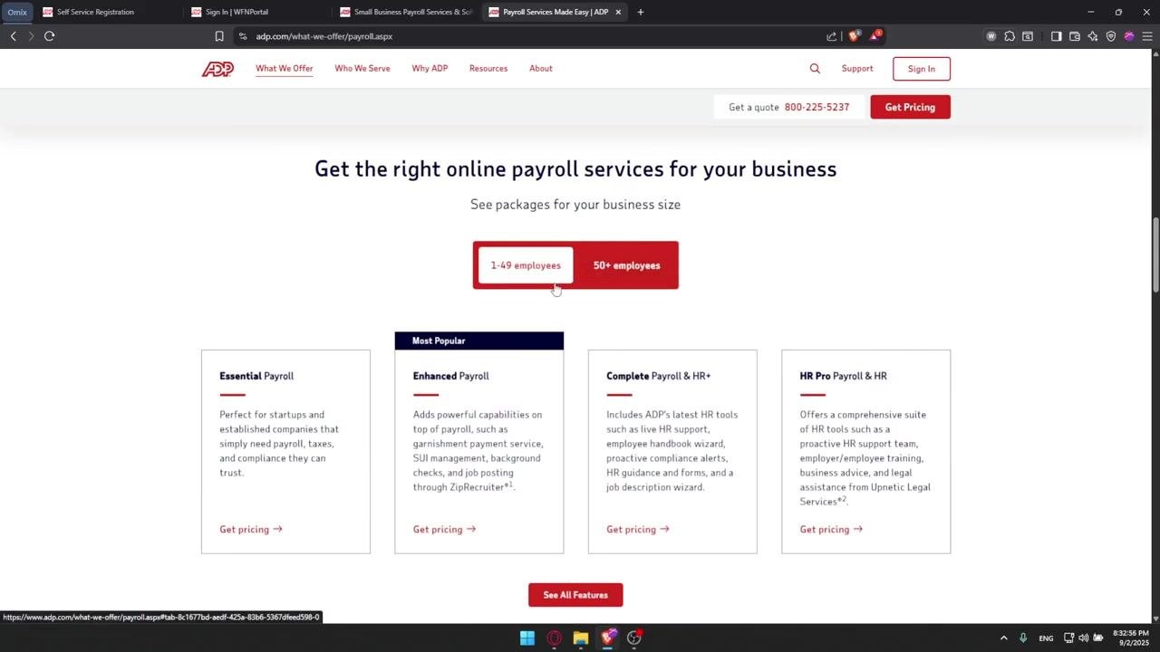 Payroll package selection screen with '1-49 employees' and '50+ employees' options, and package cards for Essential Payroll, Enhanced Payroll, Complete Payroll & HR+, and HR Pro Payroll & HR.