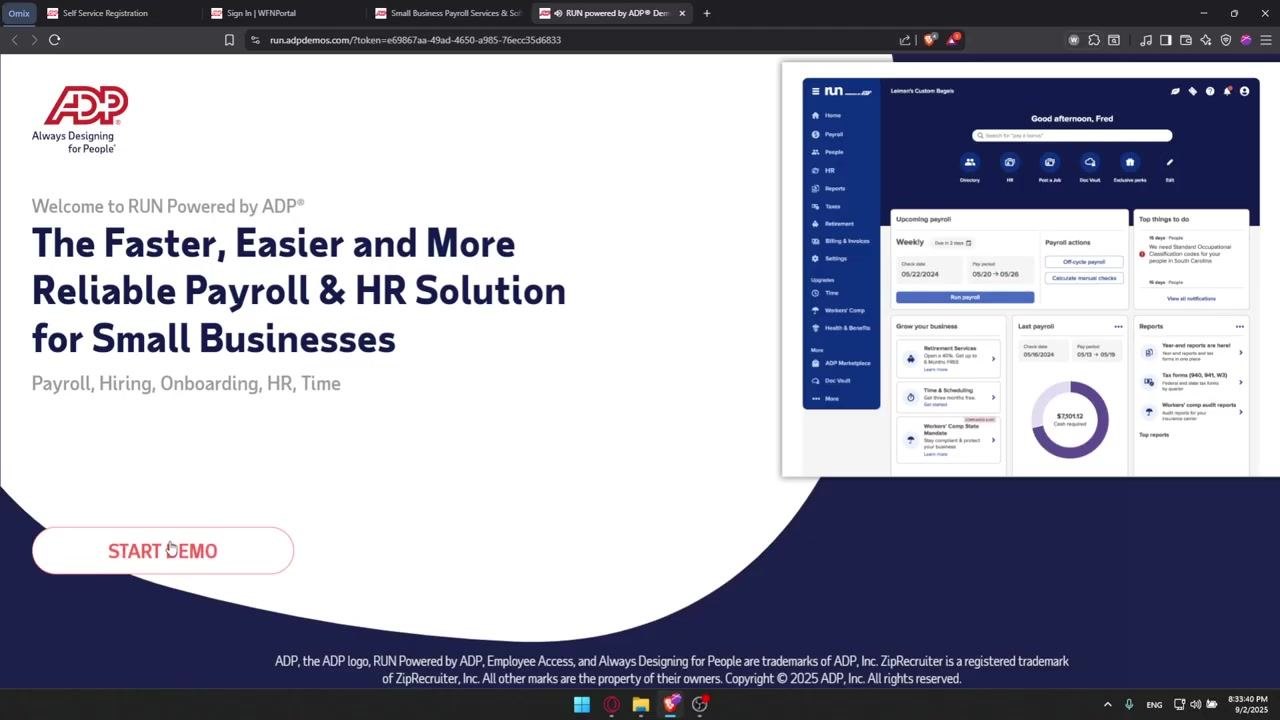 ADP RUN demo welcome screen with a 'Start Demo' button and a preview of the payroll dashboard.