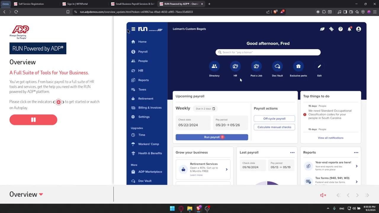 ADP RUN demo dashboard with Autoplay enabled, showing the navigation menu and payroll overview.