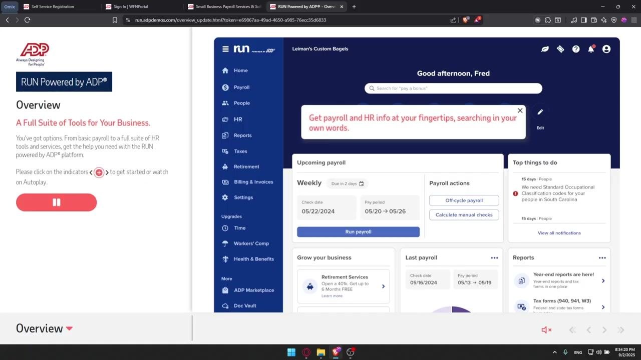 Dashboard with a search bar and compliance reminders, showing the message: 'Get payroll and HR info at your fingertips, searching in your own words.'