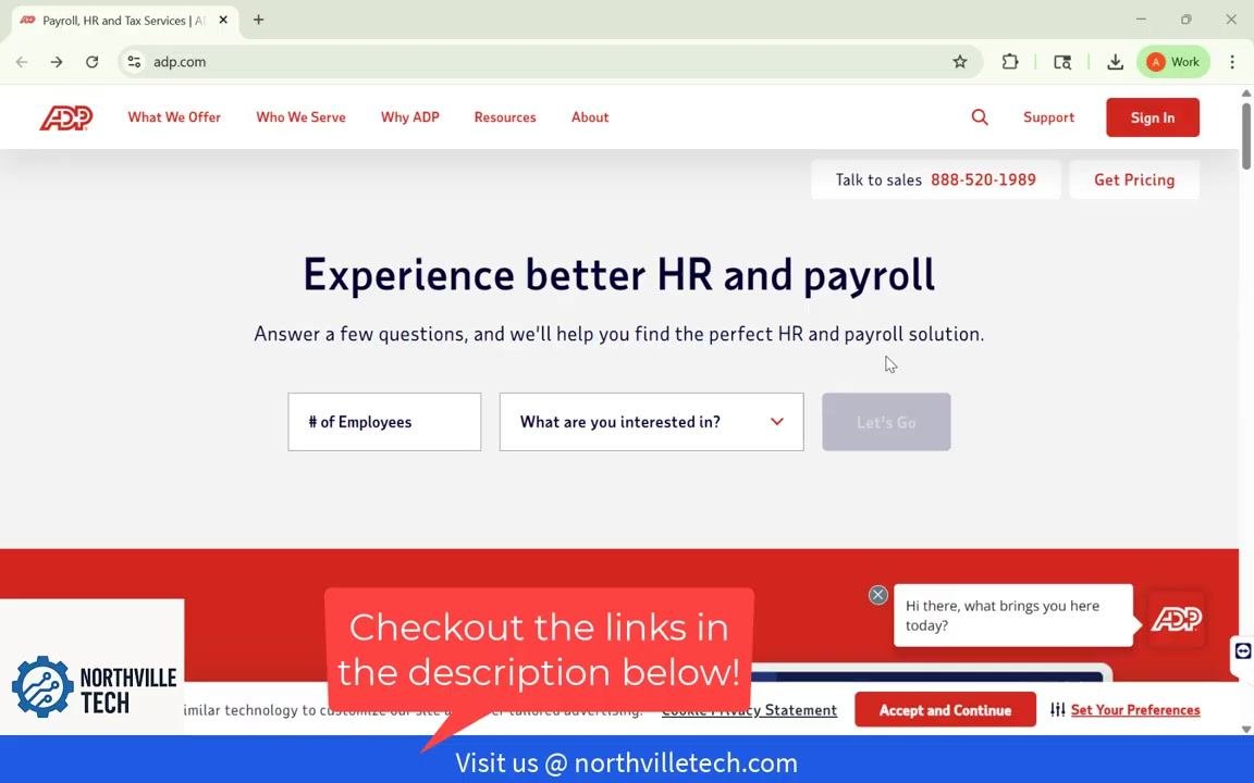 ADP homepage with the Sign In button highlighted in the upper right corner.