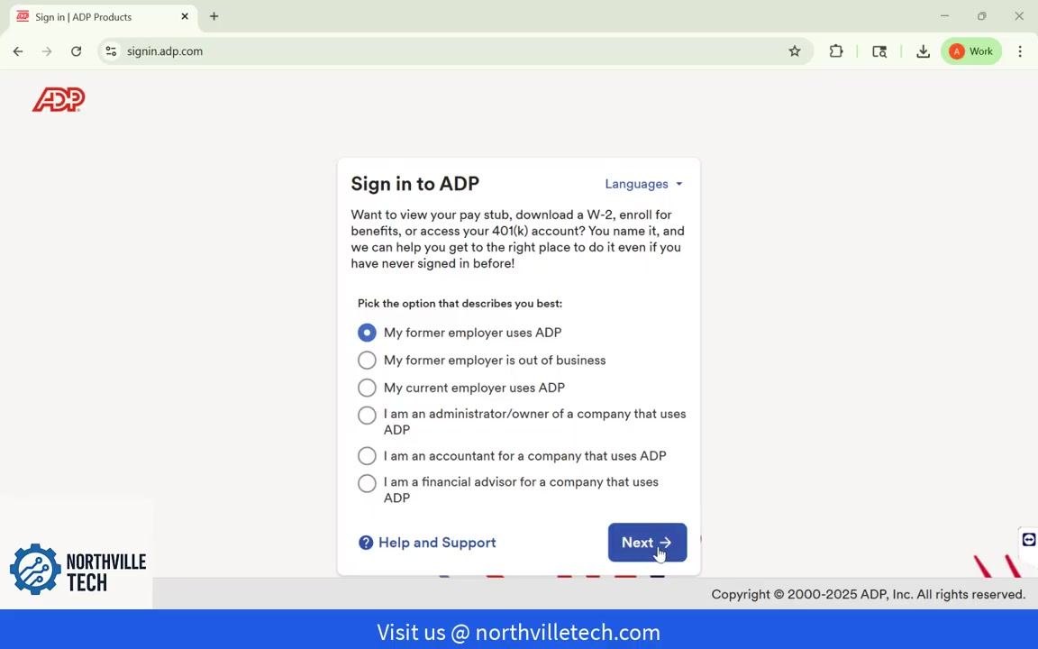 ADP sign-in options screen with "My former employer uses ADP" selected and the Next button visible at the bottom.