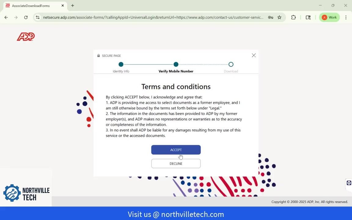 Terms and Conditions screen with the Accept button highlighted.