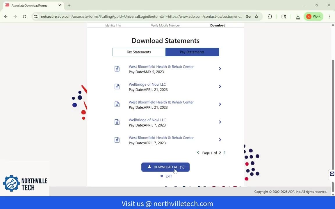 Download Statements page with the "Download All (5)" button highlighted at the bottom, showing the pay statements list and page navigation.