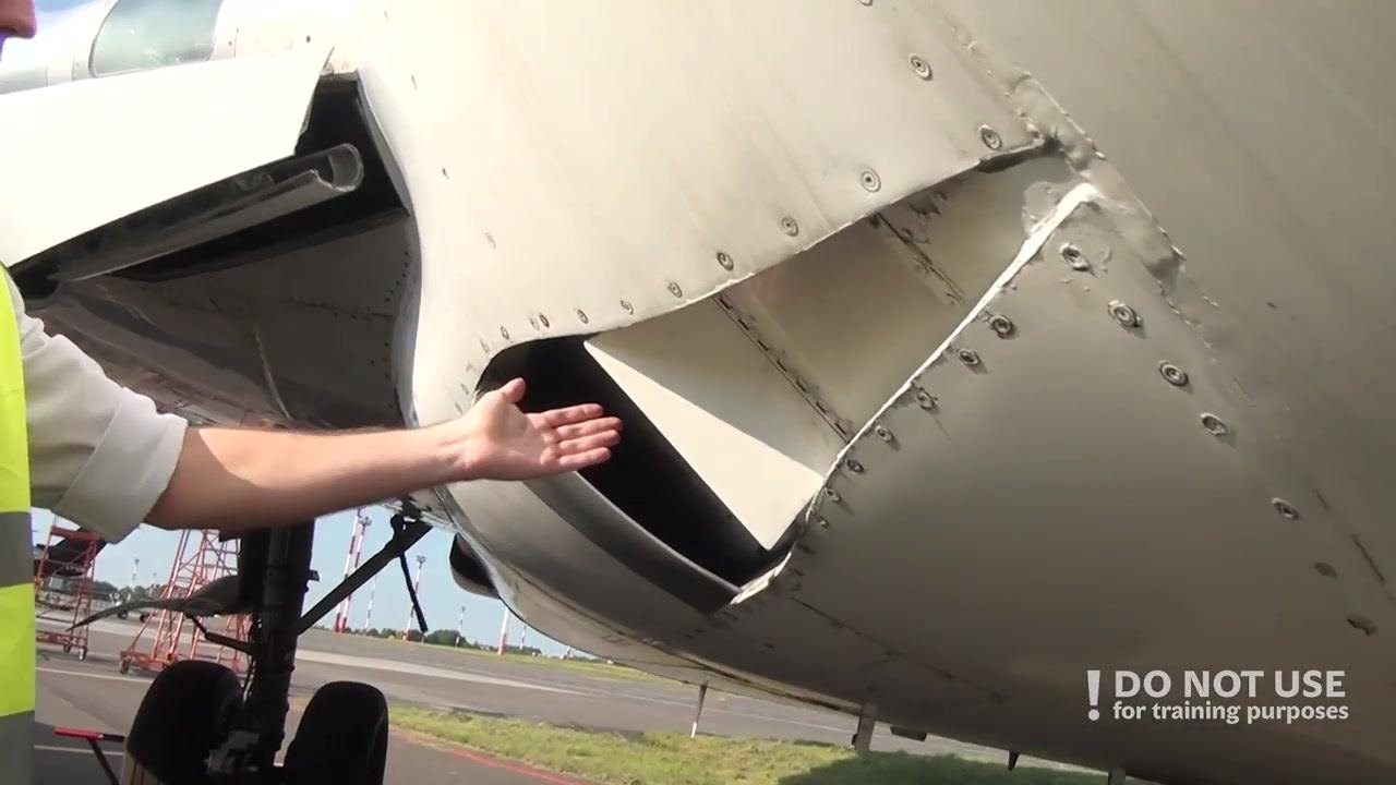Person standing near the engine nacelle, reaching up to inspect the leading edge flaps of the wing.