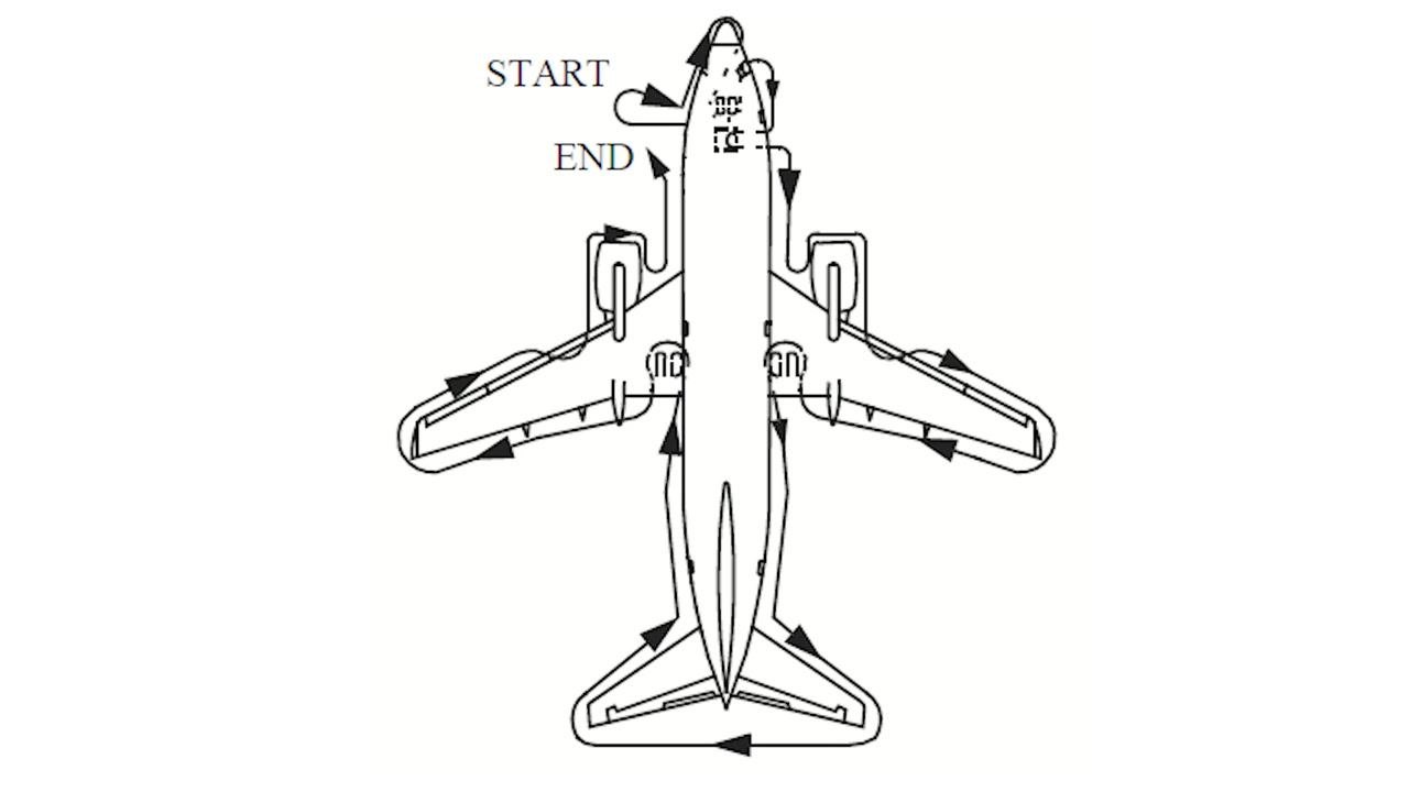 Close-up of the nose gear, showing the wheels, chocks, and open gear doors.