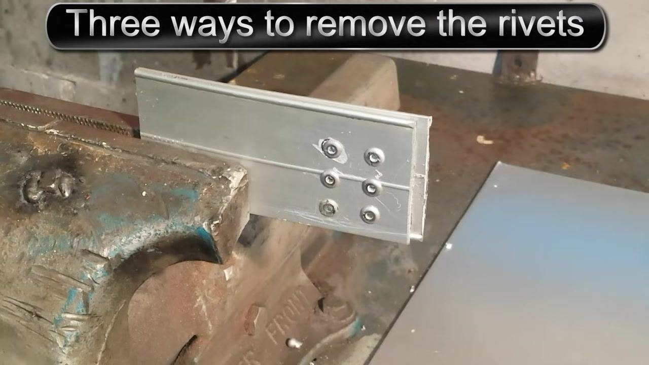 A metal L-bracket clamped in a vise with six rivets visible. On-screen text: "Three ways to remove the rivets."