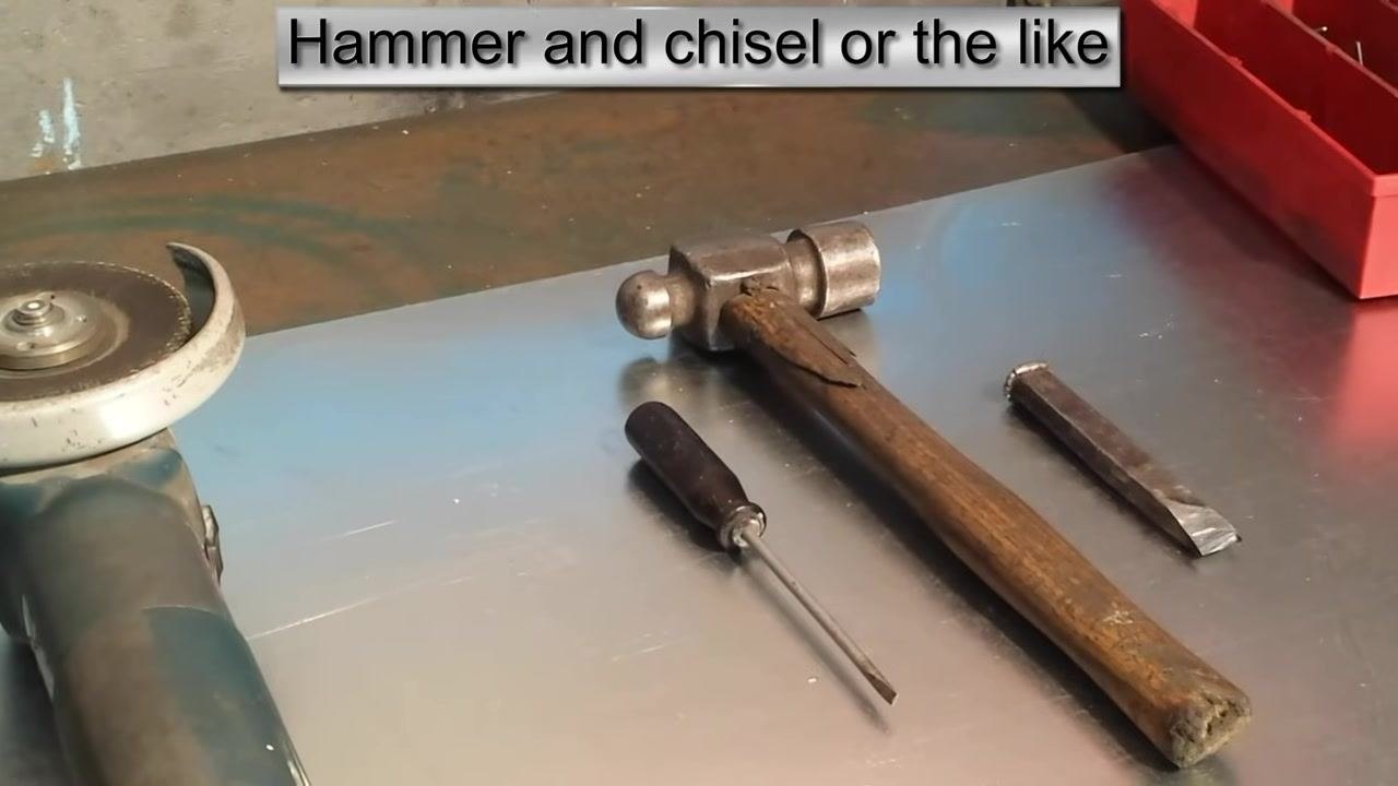 A drill bit positioned on the center of a rivet head, ready to drill. On-screen text: "Drill."