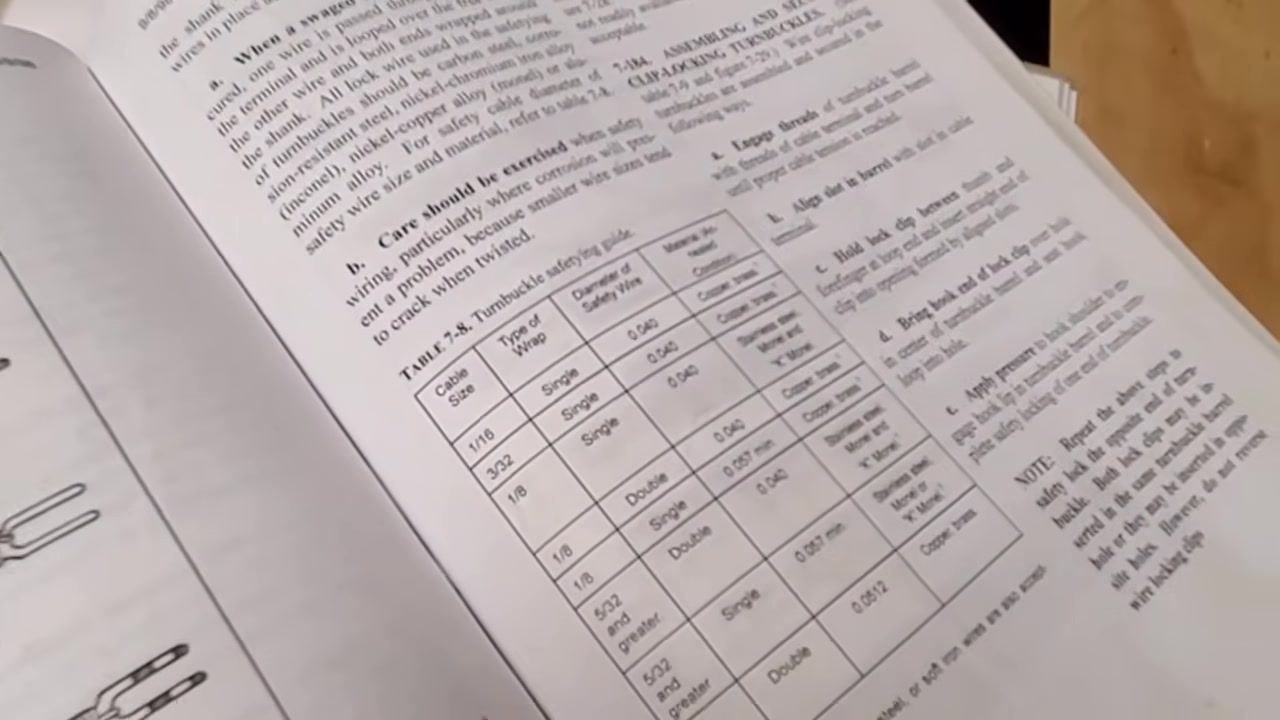A manual page focused on Table 7-8, highlighting the correct row for a 1/8" cable, double wrap, 0.040" wire, copper/brass.