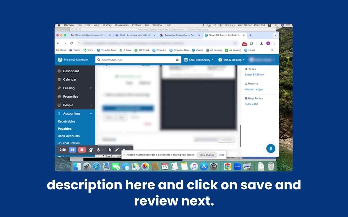 The bill entry screen displays the Save and Review Next button. The bill image is visible, and the action is being performed.