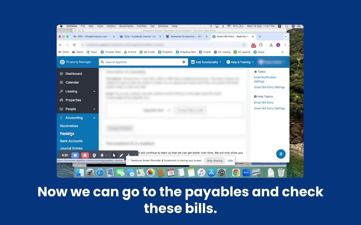 The Payables section is accessed from the Accounting menu to check the entered bills.