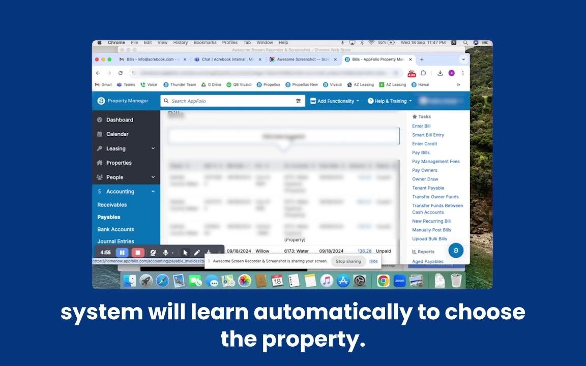 The Payables screen displays a list of bills, including the newly entered invoices with their details.