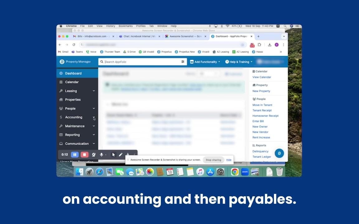 The AppFolio dashboard is open in a Chrome browser. The left sidebar shows navigation options: Dashboard, Calendar, Leasing, Properties, People, Accounting, Maintenance, Reporting, Communication. The cursor is near the Accounting section. The right side shows a task list.