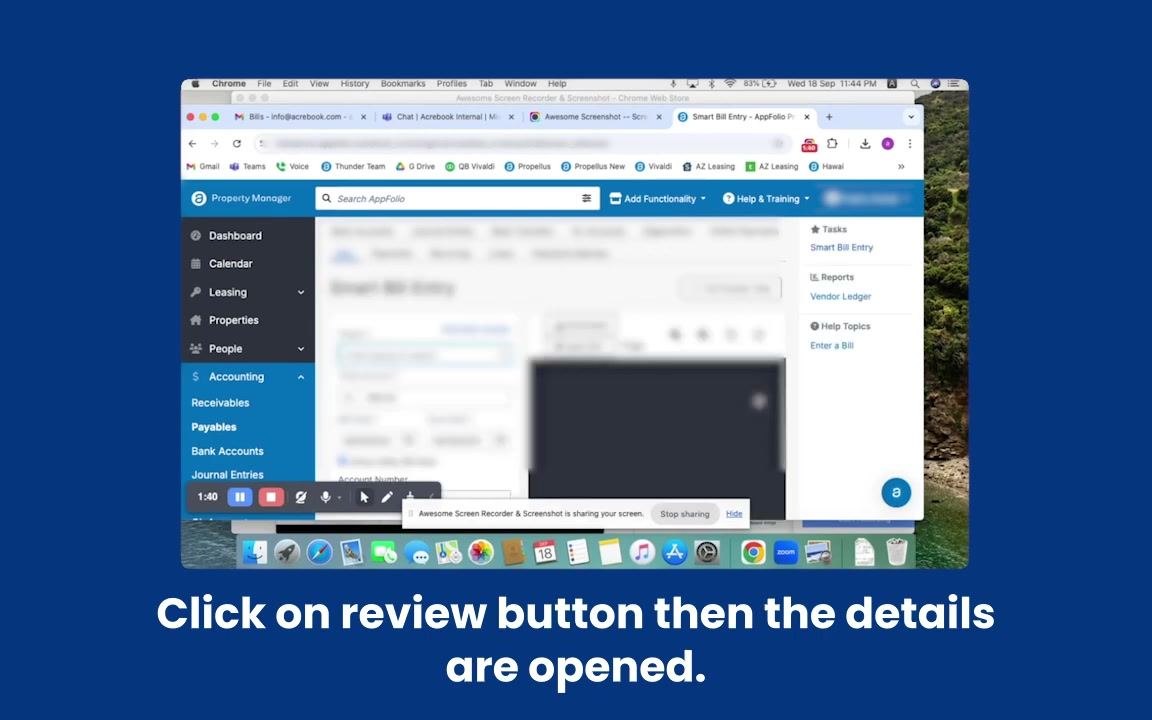 The Smart Bill Entry screen displays the uploaded bill file with a zoom option. The right sidebar shows Tasks, Reports, and Help Topics.