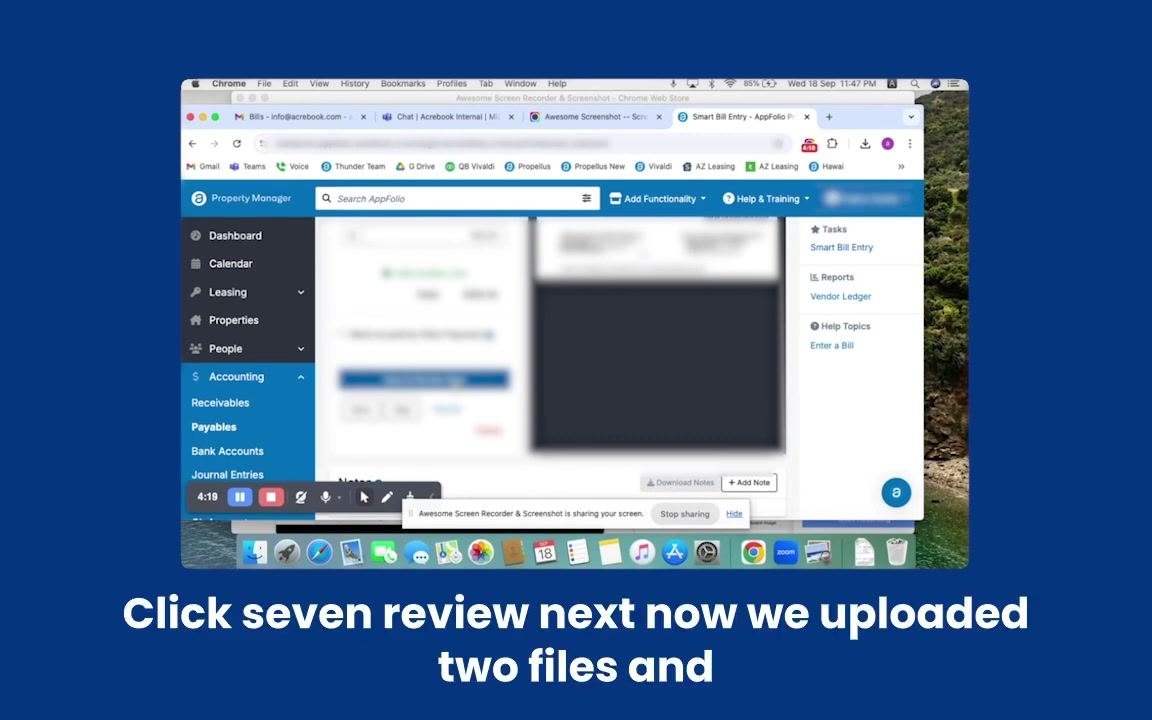 The bill entry screen displays all fields filled out for the new invoice, with options to add another line or notes.