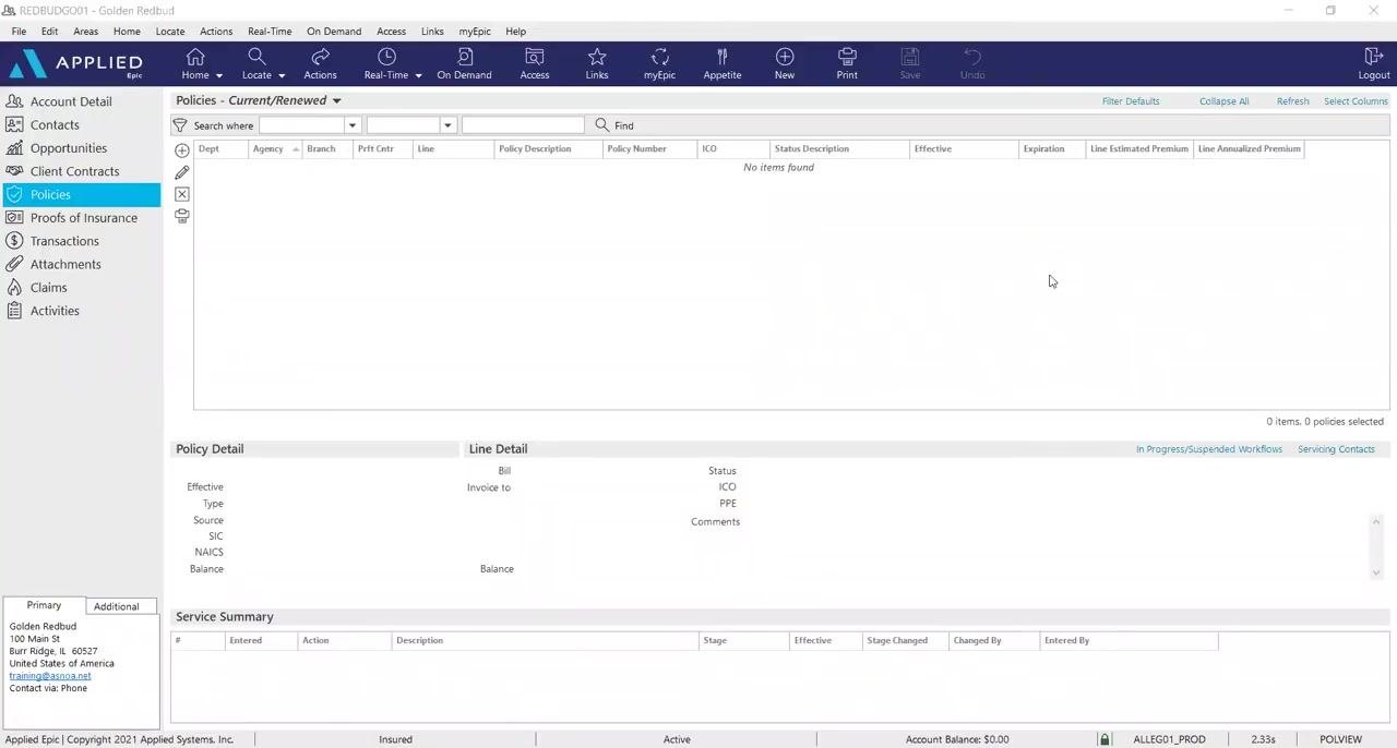 Policies section open, showing no items found in the policy list. Left navigation highlights 'Policies'.