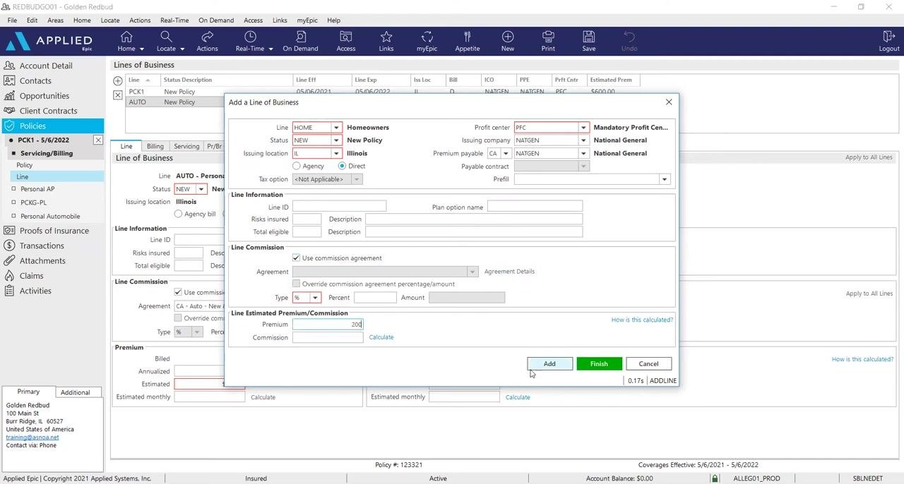Add a Line of Business window with HOME selected, commission agreement checked, and the premium entered as 200.