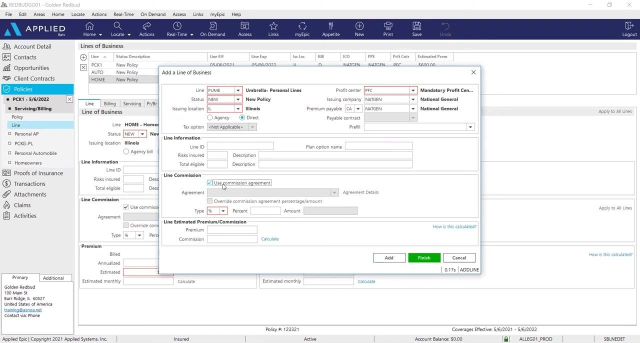 Add a Line of Business window with PUMB (Umbrella - Personal Lines) selected, commission agreement checked, and the premium field ready for entry.