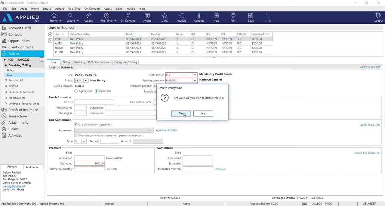Delete Policy/Line confirmation dialog with Yes selected, and PCK1 highlighted for deletion.